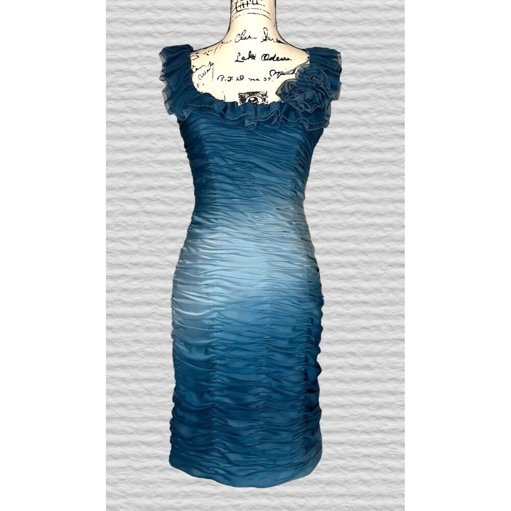 Adrianna Papell Ombre Ruched Rosette Dress Womens 6 Teal Bodycon Party Evening